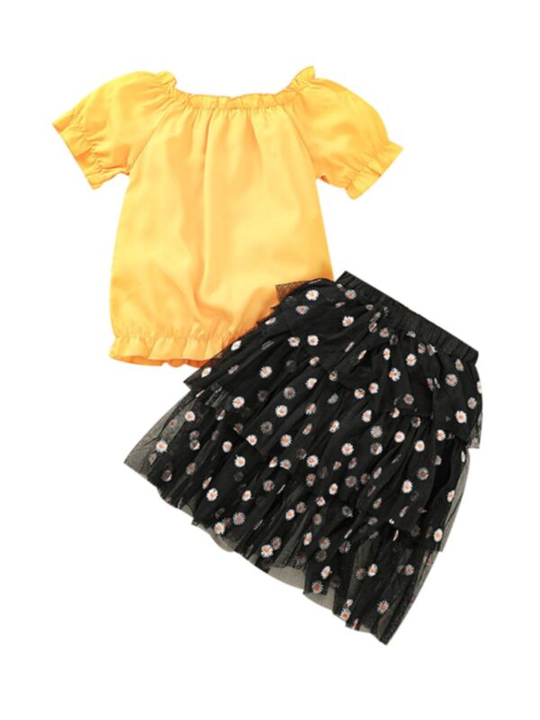 2-Piece Girl Yellow Top And Mesh Daisy Flower Skirt Set