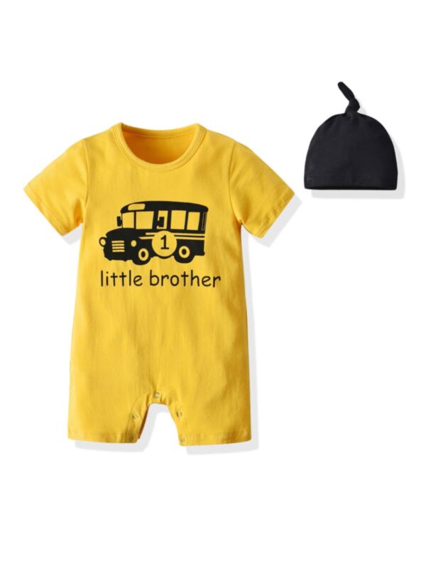 2 PCS Baby Boy Little Brother Car Print Jumpsuit With Hat
