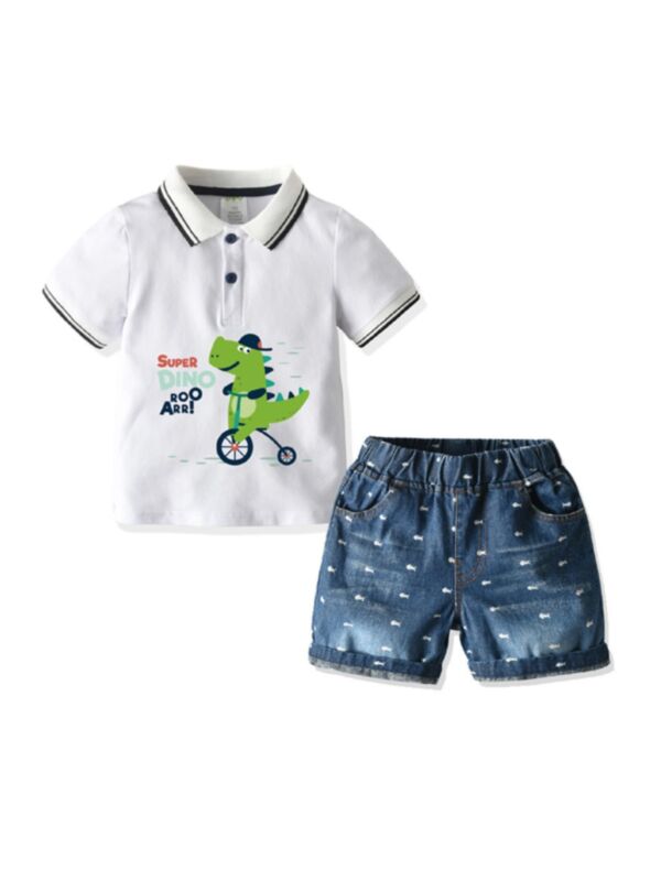 Two Pieces Kid Boy Dinosaur Polo Shirt With Fish Denim Shorts Set