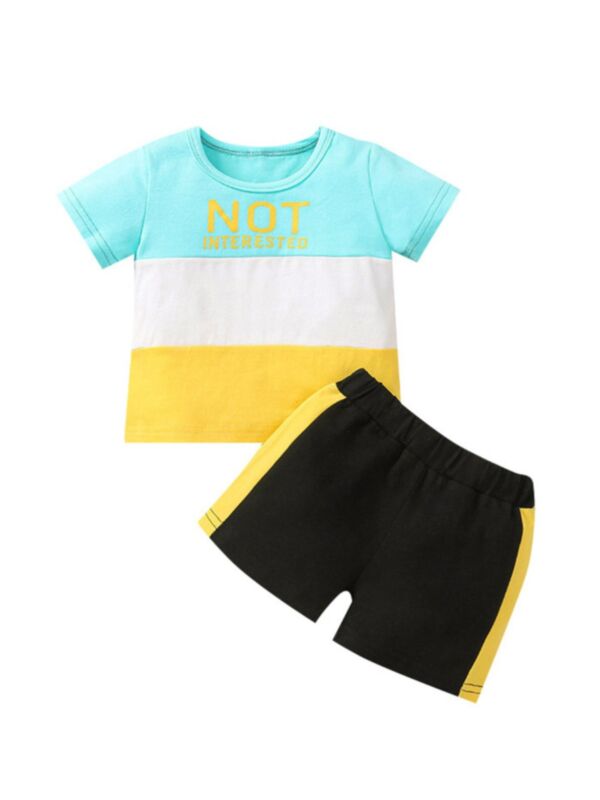 Two Pieces Infant Boy Hit Color Set Not Interested Print Top And Shorts