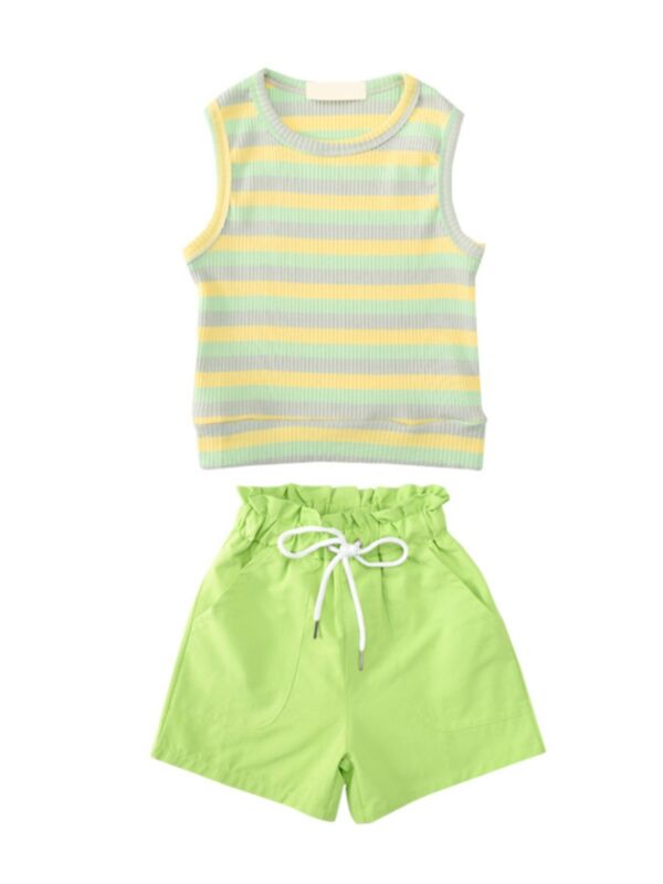 2 Pieces Little Girl Stripe Ribbed Tank Top With Drawstring Shorts Set