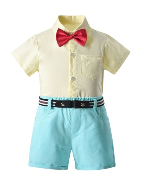 Two-Piece Kid Boy Solid Color Gentleman Bowtie Shirt With Belted Shorts Set