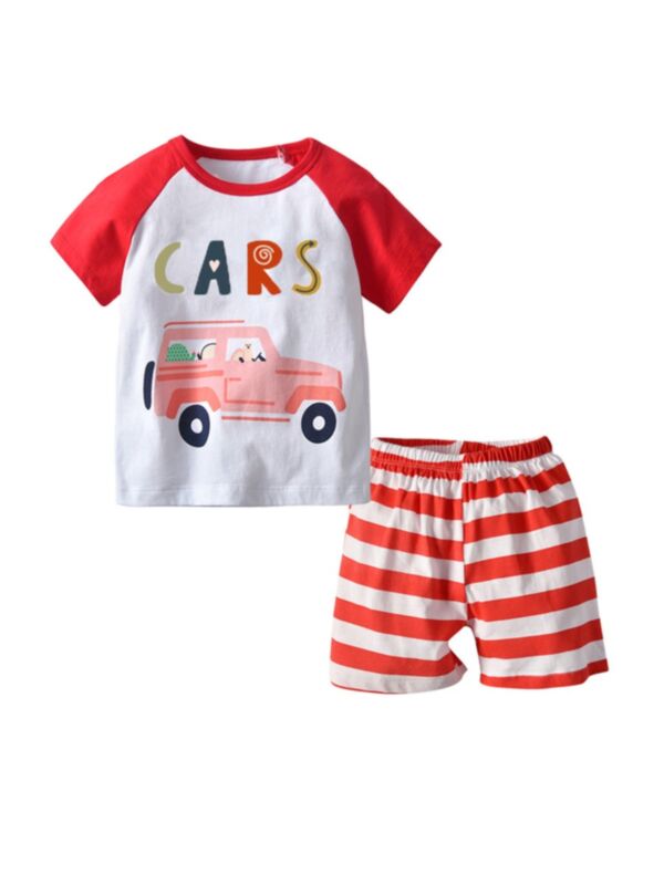 Two Pieces Kid Boy Cars Raglan Sleeve Top With Stripe Shorts Set