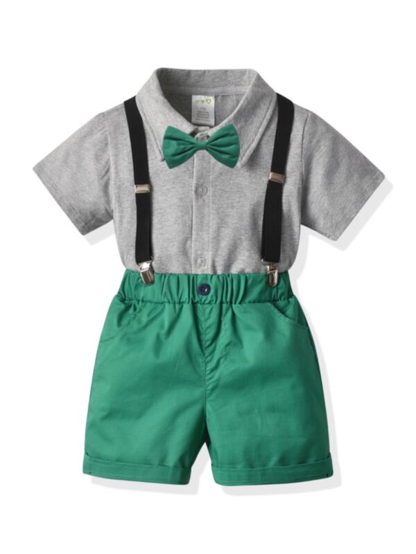 Four-piece Little Boy Gentleman Outfits Shirt & Shorts & Suspender & Bowtie 