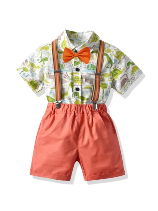 Four-piece Little Boy Gentleman Set DinosaurPrint Shirt & Shorts & Suspender & Bowtie