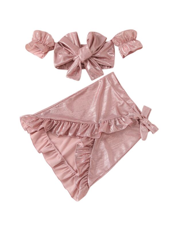 2 Pieces Little Girl Knot Tie Off Shoulder Top & Ruffled Detail Hi-lo Hem Skirt Set