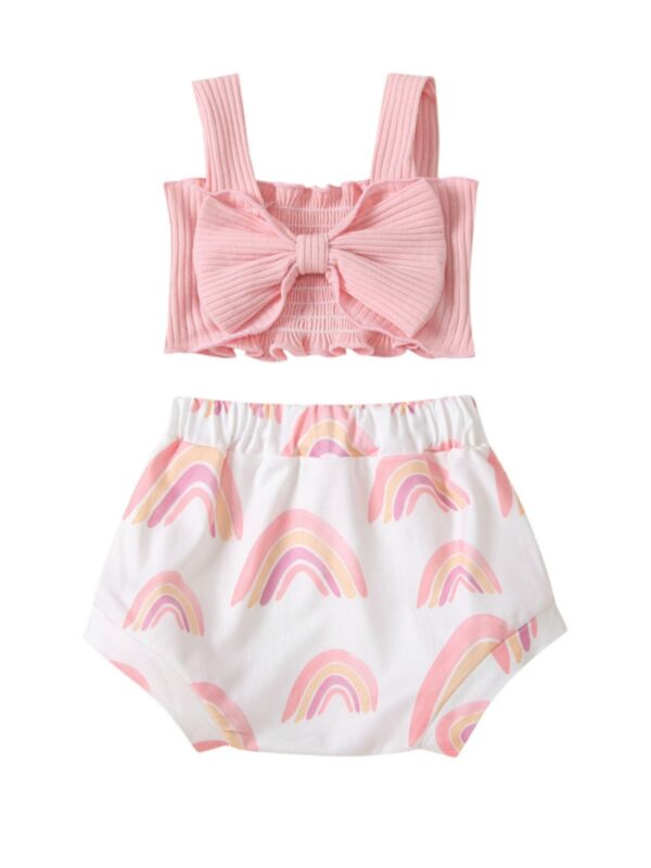 Two Pieces Girl Ribbed Bow Top And Rainbow Print Shorts Set