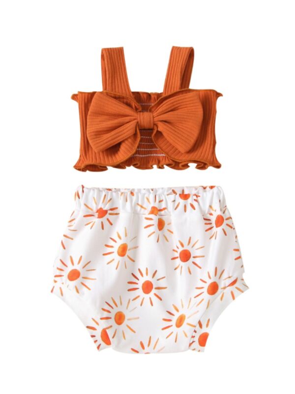 Two-Piece Baby Toddler Bow Cami Top With Sun Print Shorts Set