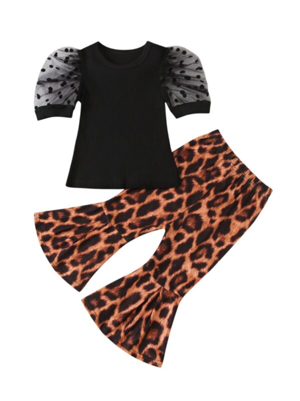 2-Piece Girl Puff Sleeve Polka Dots Top Matching Leopard Bell Pants Set