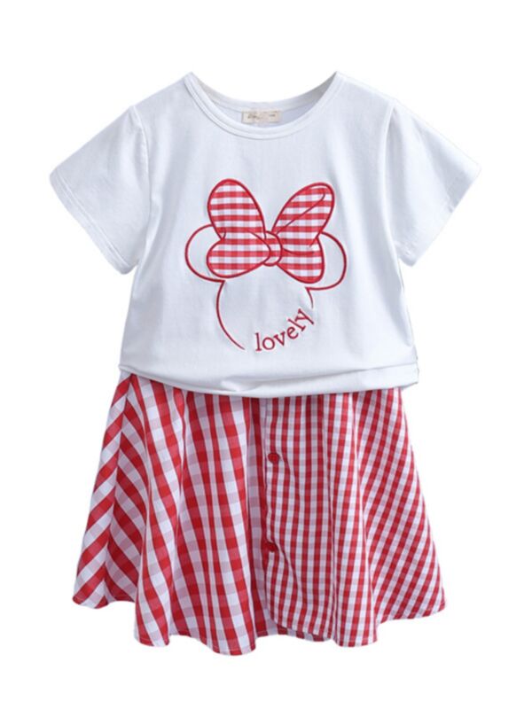 Two Pieces Kid Girl Lovely Top And Grid Skirt Set