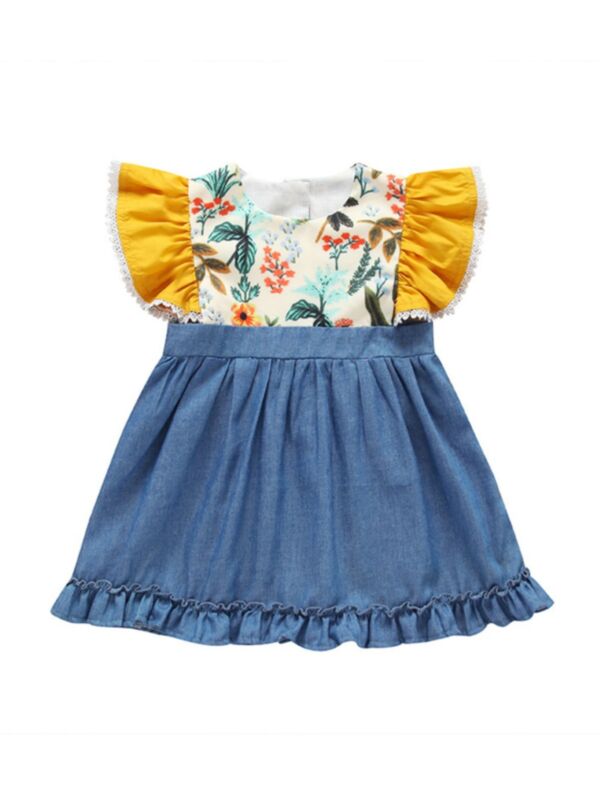 Little Girl Flutter Sleeve Floral Graphic Dress