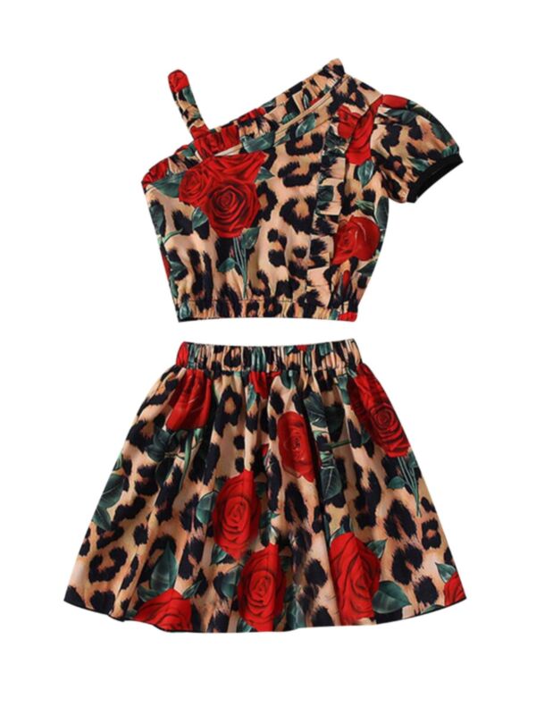 2-Piece Girl Stylish Leopard Rose Pattern Set One Shoulder Top Matching Skirt