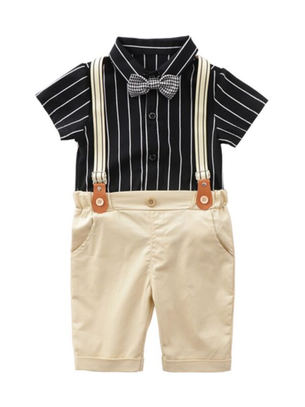 Two Pieces Baby Toddler Boy Bow Tie Stripe Shirt With Suspender Shorts Outfit 