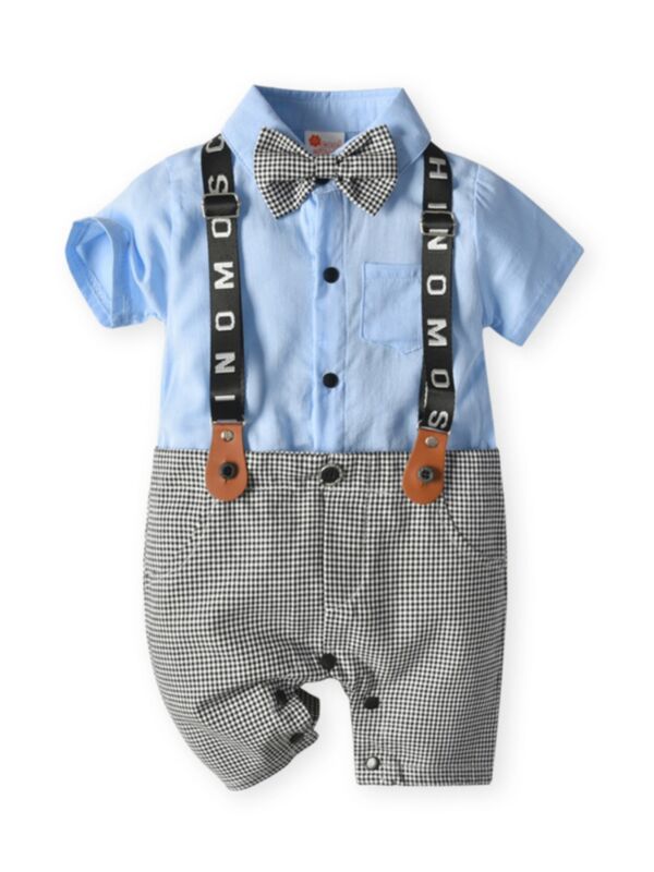 Fake Two Piece Baby Hit Color Check Gentleman Suspender Bowtie Romper