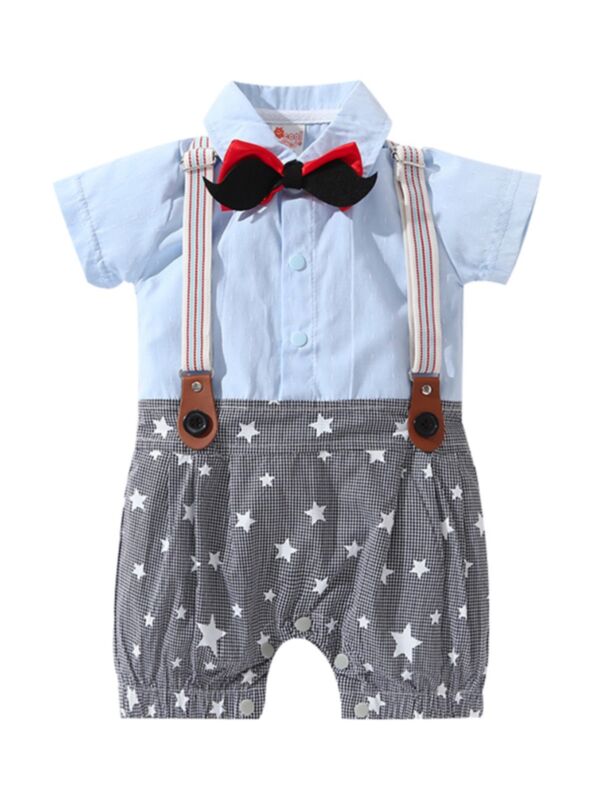 Baby Boy Fake Two Pieces Moustache Bow Tie Star Checked Pattern Romper