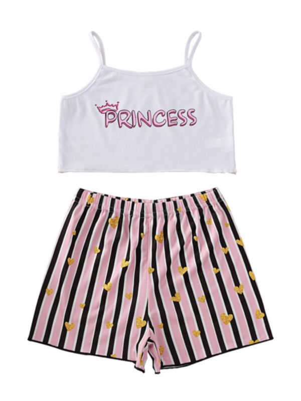 Two-Piece Girl Princess Print Camisole Matching Stripe Love Heart Shorts Set
