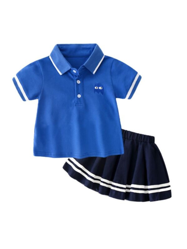 Two Pieces Girls Contrast Collar Short Sleeve Polo Shirt Pleated Skirt Set