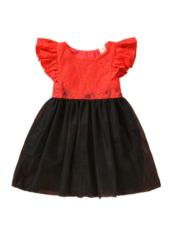 Baby Toddler Girl Flutter Sleeve Lace Patchwork Mesh Dress