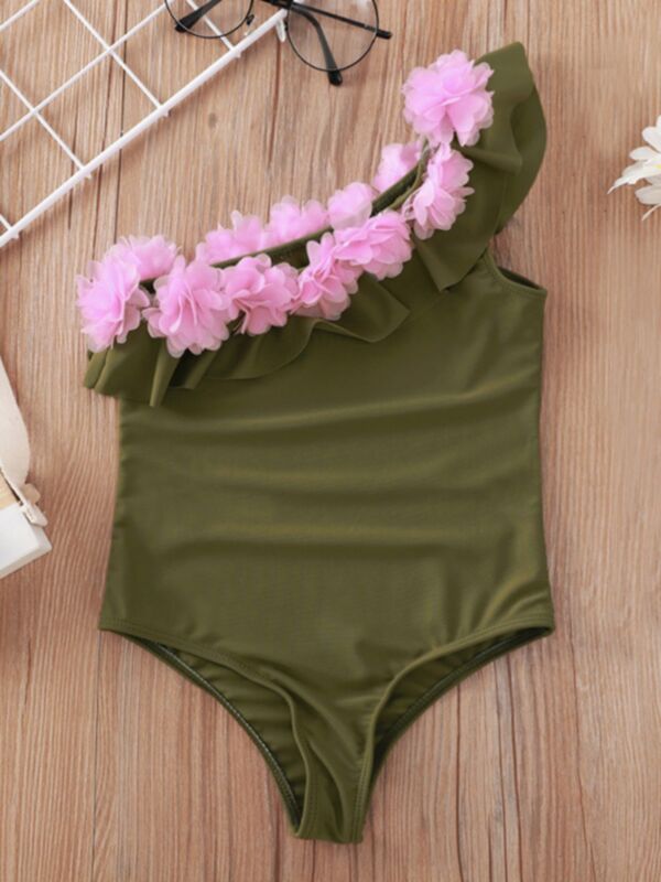 Flowers Decor One Shoulder Swimwear For Girl 210317652