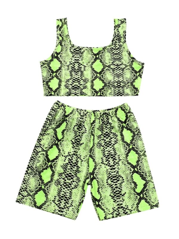 Mom And Daughter Snake Skin Print Set Cami Crop Top With Shorts
