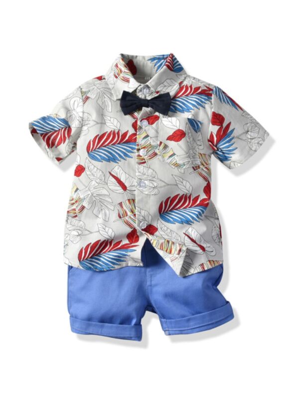 2 Pieces Little Boys Tropical Print Bowtie Shirt With Shorts Set