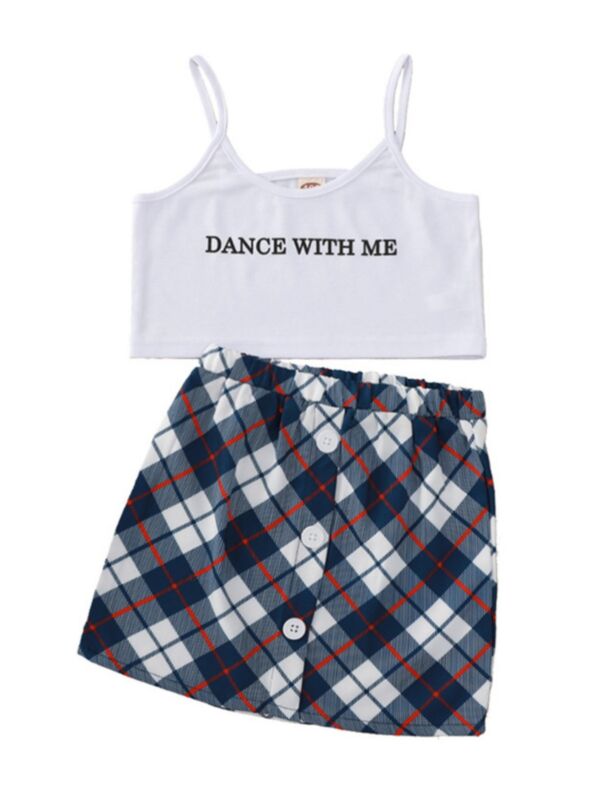 2 Pieces Kid Girl Dance With Me Cami Crop Top With Check Skirt Set