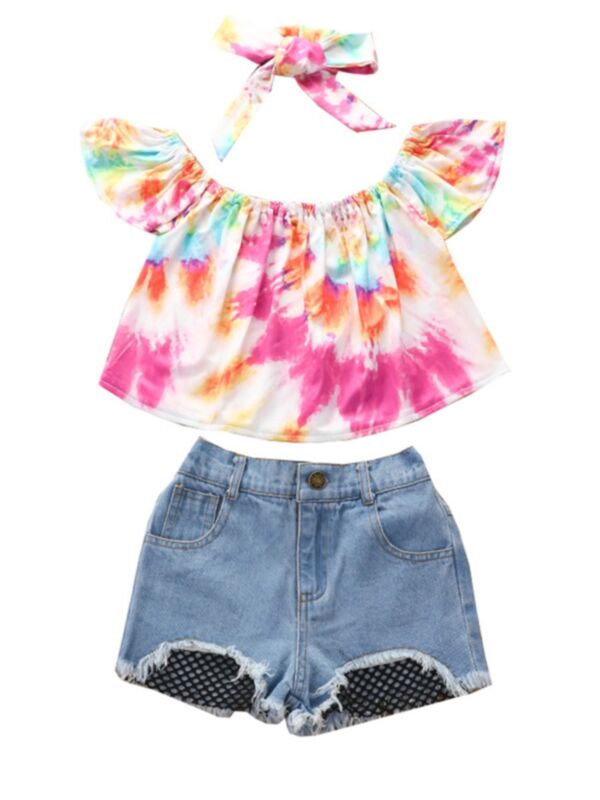 3 Pieces Kid Girl Tie Dye Off Shoulder Top & Fishnet Hem Denim Shorts & Headband Set
