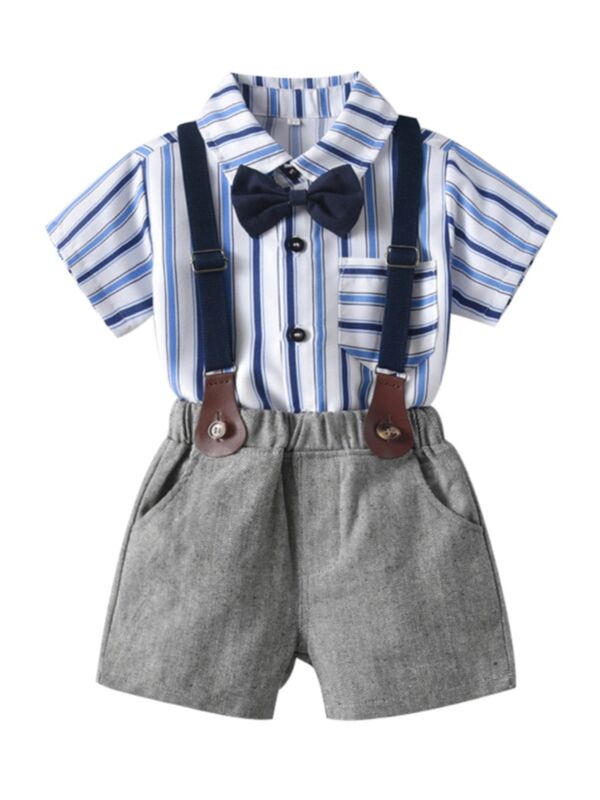 Little Boys Formal Gentleman Outfits Stripe Bow Tie Bodysuit Top Suspender Shorts 