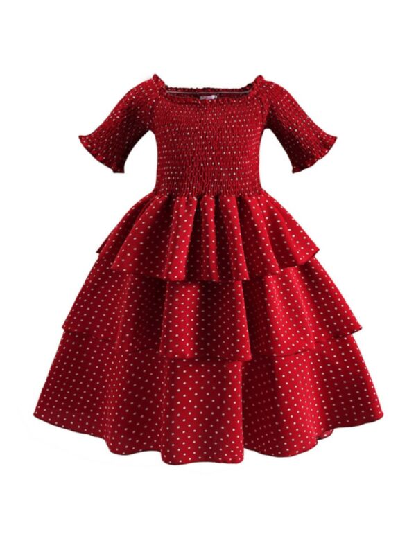 Kid Girl Shirred Polka Dots Pattern Tiered Layered Dress