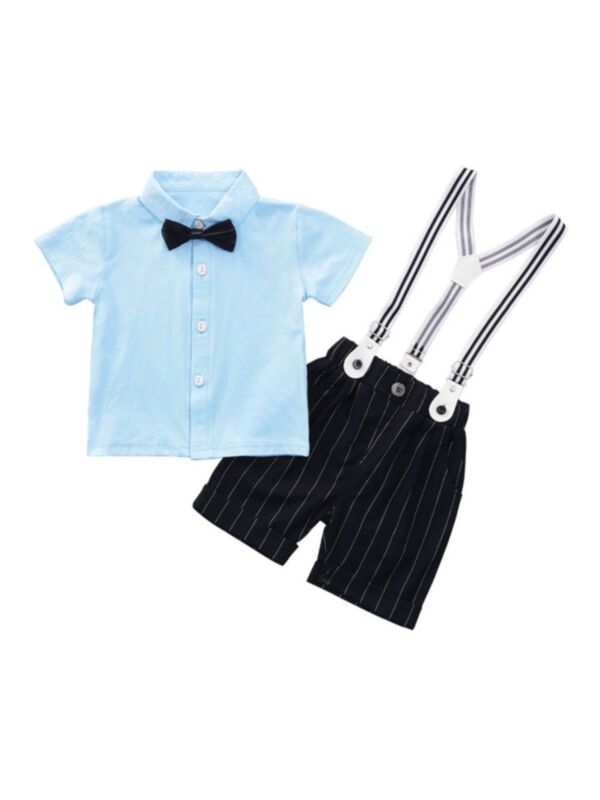 Two Pieces Toddler Boy Bowite Shirt With Stripe Suspender Shorts Gentleman Set