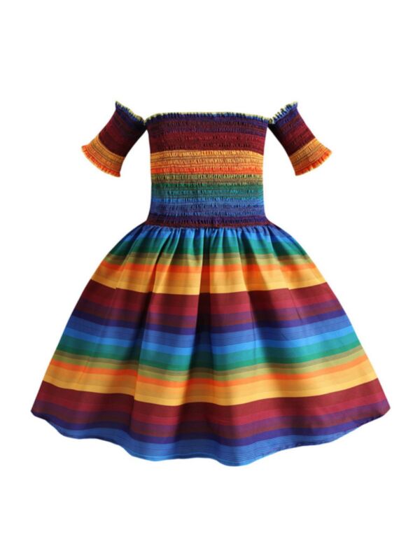 Girl Off-the-Shoulder Color Blocking Stripe Shirred Dress