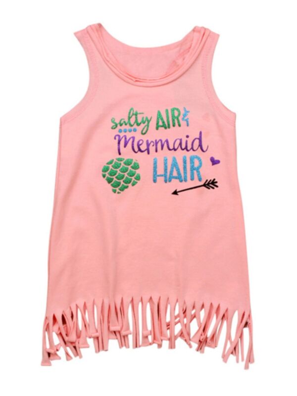Girl Salty Air Mermaid Hair Print Tassel Hem Tank Dress