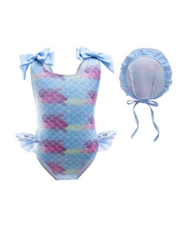 Kid Girl Mermaid Bow One Piece Swimsuit And Hat