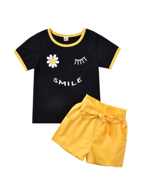 2-Piece Girl Summer Outfit Smile Flower Top And Shorts