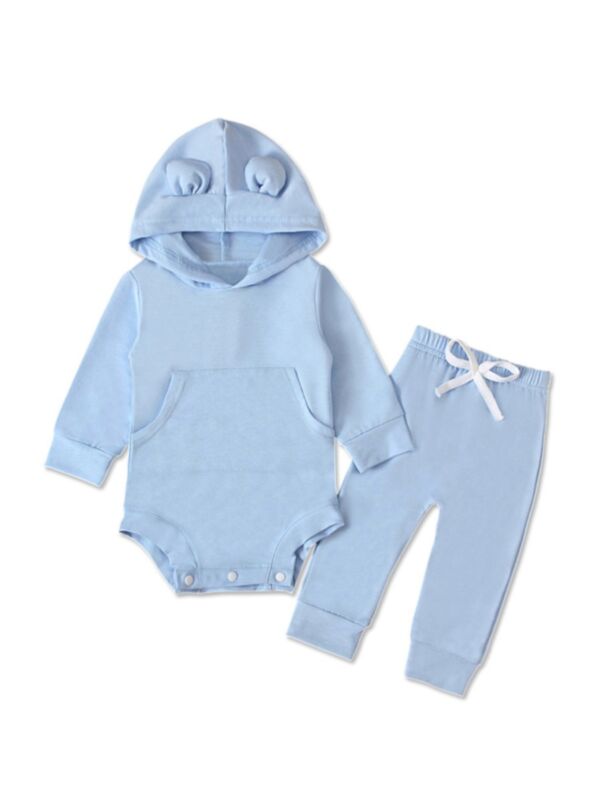 2 Pieces Set Baby Solid Color Hooded Bodysuit And Pants 