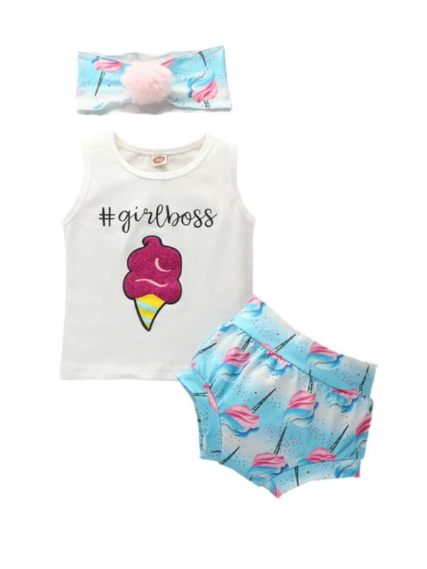 3-Piece Girlboss Ice Cream Print Tank Top & Shorts & Headband  Baby Girl Outfit