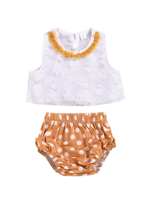 2 Pieces Baby Girl Tassel Top With Polka Dots Shorts Set
