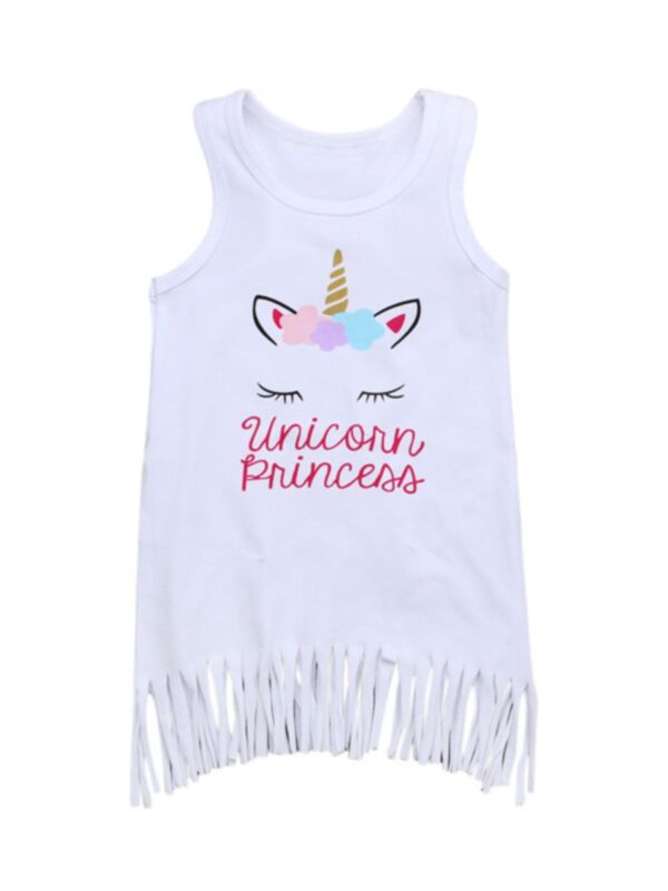 Little Girl Unicorn Princess Print Tassel Hem Tank Dress