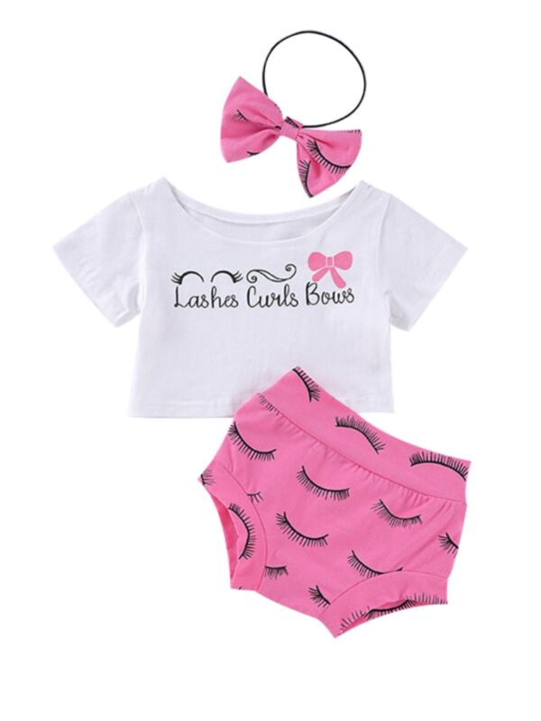 3 Pieces Baby Girl Lashes Curls Bows Print Outfit Top + Shorts + Headband