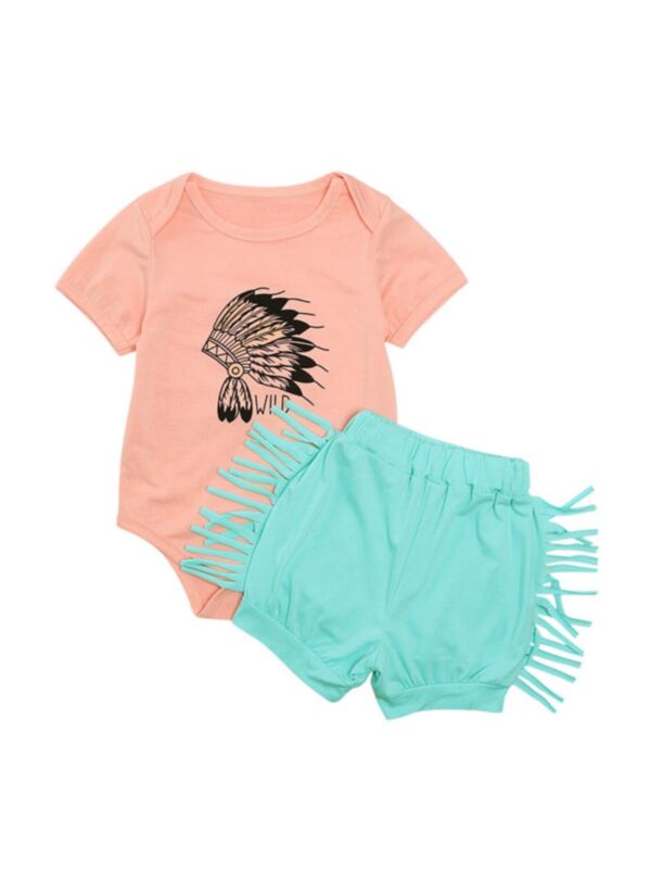 Two Pieces Baby Girl Wild Print Bodysuit And  Fringe Trim Shorts Set