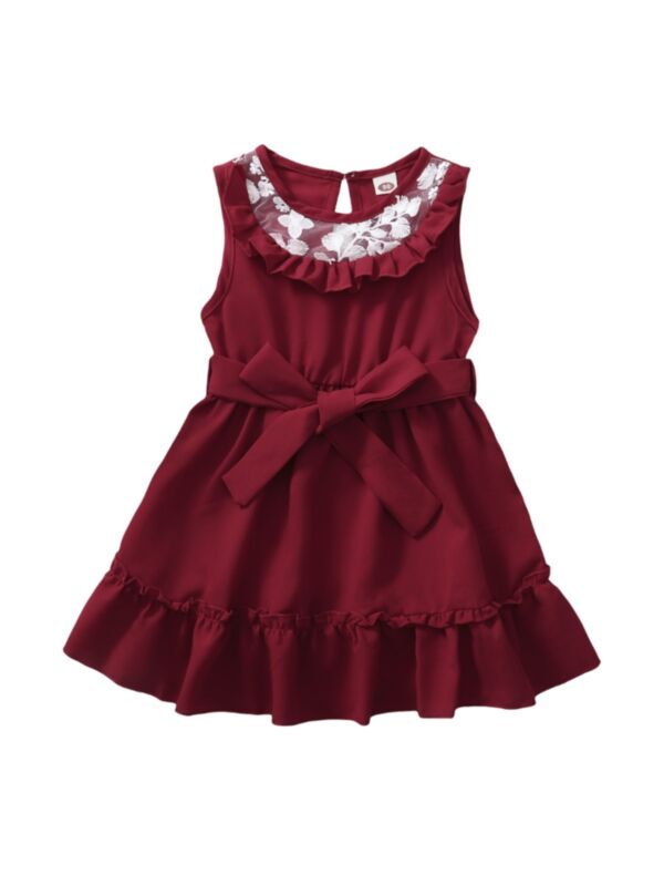 Girl Ruffle Detail Sleeveless Self Belt Dress In Red