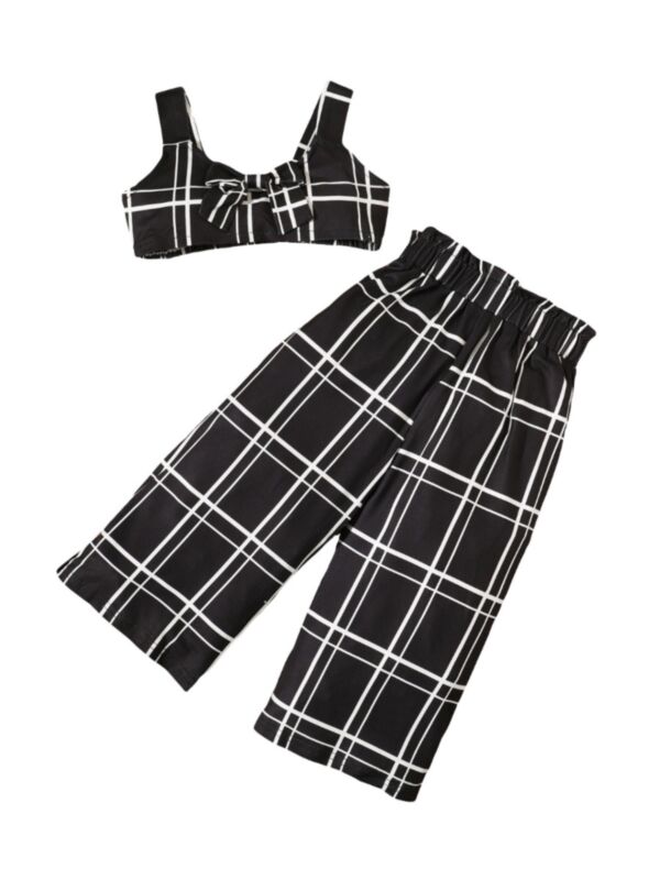Two Pieces Girls Checked Pattern Set Crop Top Matching Pants