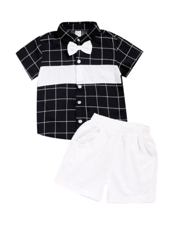 2-Piece Kid Boy Formal Outfit Plaid Pattern Bowtie Shirt With Shorts