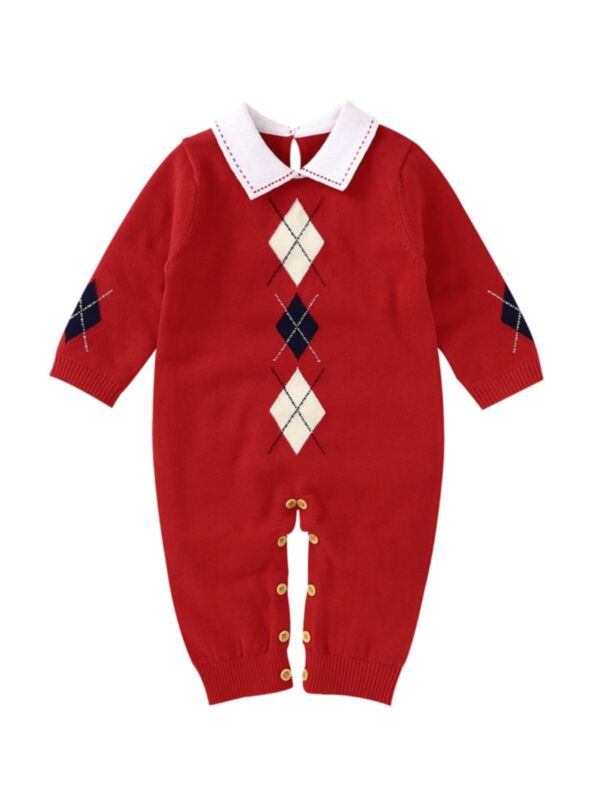 Infant Boy Turn Down Collar Geometry Knitted Jumpsuit 