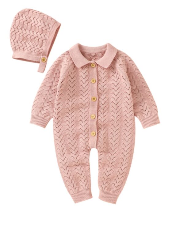 2-Piece Baby Solid Color Turn Down Collar Button Knitted Jumpsuit With Hat
