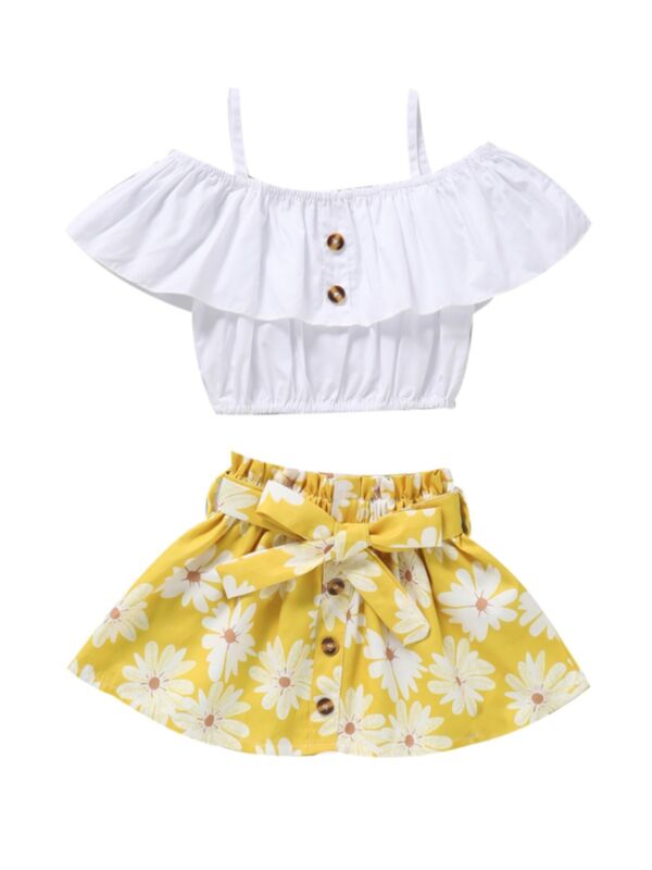 2 PCS Kid Girl Off Shoulder Top With Flower Print Belted Skirt Outfit 