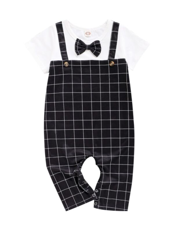 Infant Boy Fake Two Piece Bow Checked Pattern Jumpsuit