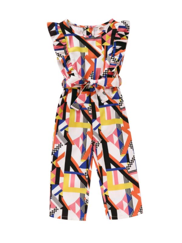 Kid Girl Colorful Geometry Print Flounce Trim Jumpsuit 