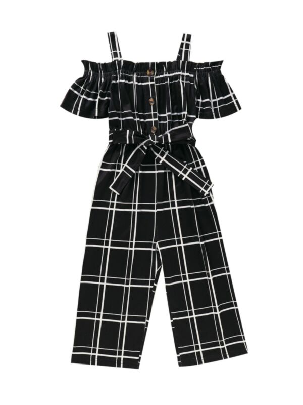 Kid Girl Off Shoulder Grid Belted Jumpsuit