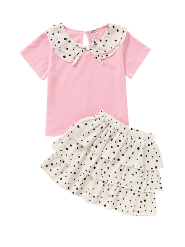 Two Pieces Girl Polka Dots Print Set Doll Collar Top And Tiered Layered Skirt 